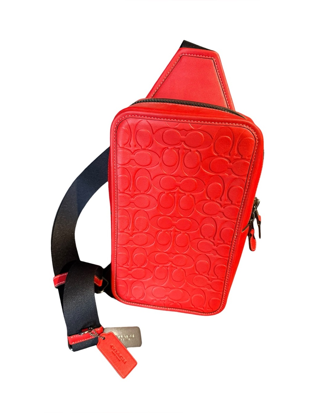 Coach Red Embossed Signature Belt Bag with Black Strap